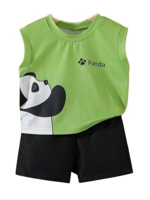 Green Kids Clothes for Boys | Sleeveless Printed Cotton T-shirt and Shorts Clothing Set | Summer Wear Dress for Kids