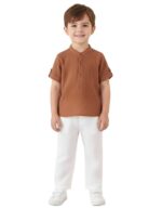 Boys Cotton T-Shirt and Pant Set | Chinese Collar Neck | 3/4 Sleeve Stylish Casual Wear for Kids ( Brown)