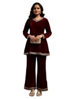 Red Velvet Kurti Set for Woman | Short Kurti for Women Latest | Co ord Set for Women Stylish Party Suit | Ethnic Office Everyday Wear & Casual Look