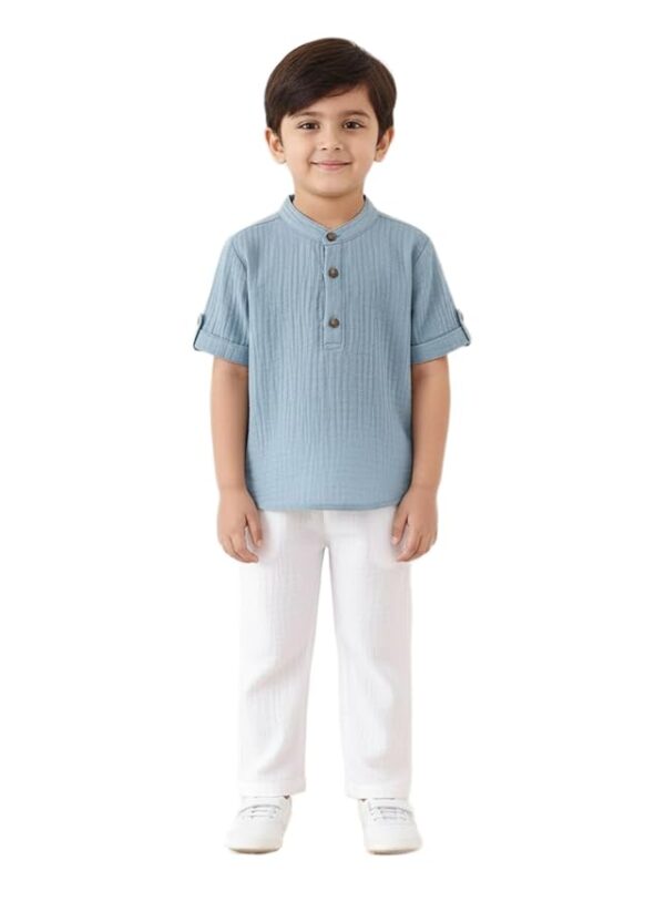 Boys Cotton T-Shirt and Pant Set | Chinese Collar Neck | 3/4 Sleeve Stylish Casual Wear for Kids (Blue)
