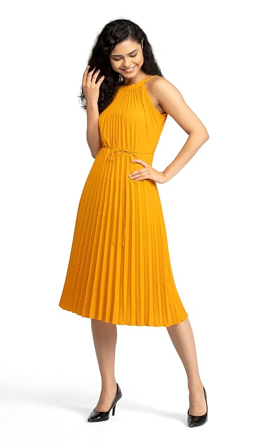 Yellow Women's Elegant Belted Pleated Sleeveless Short Dress