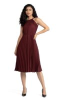 Maroon Women's Elegant Belted Pleated Sleeveless Short Dress