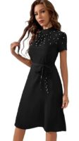 Black Women's Western Style Pearl Embellished Knee Length Kurti Dress | Stylish Tunic Topal Outfit
