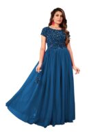 Elegant Women's Gown with Sequins Work | Velvet Bodice & Net Flare | Short Sleeve, Boat Neck (Blue)