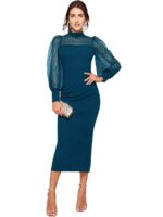 Women's Polyester Bodycon Maxi Dress with Net Full Sleeves Round Neck Self Design Pattern and Bodycon Style(Dark Blue)