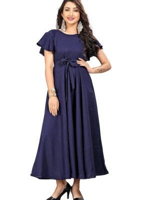 Blue Stylish Women’s Solid Crepe Maxi Gown Dress | Long Western Dress, Casual, Evening, and Brunch Outfit