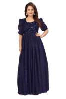 Blue Elegant Women's Long Gown | Anarkali Style | Flared Floor-Length Dress | Floral Emboss Print | Sequence Embroidery