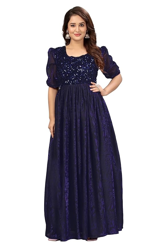 Blue Elegant Women's Long Gown | Anarkali Style | Flared Floor-Length Dress | Floral Emboss Print | Sequence Embroidery